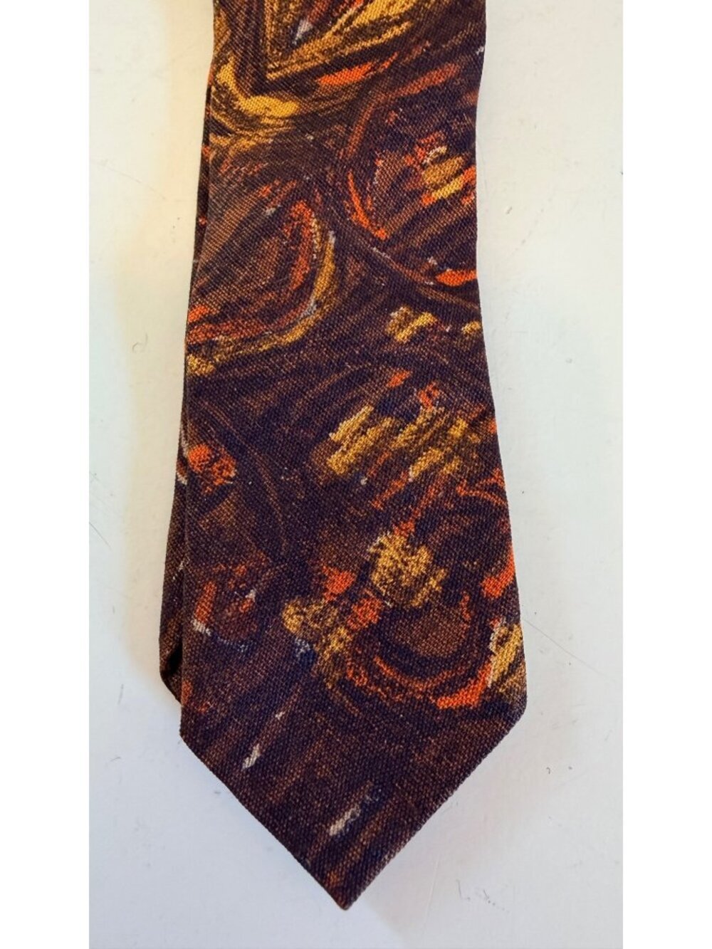 Vintage Abstract Print Skinny Tie 100% Cotton Wash & Wear Brown Orange Yellow